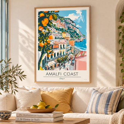 Colourful Amalfi Coast wall art displayed in a bright Mediterranean inspired living room