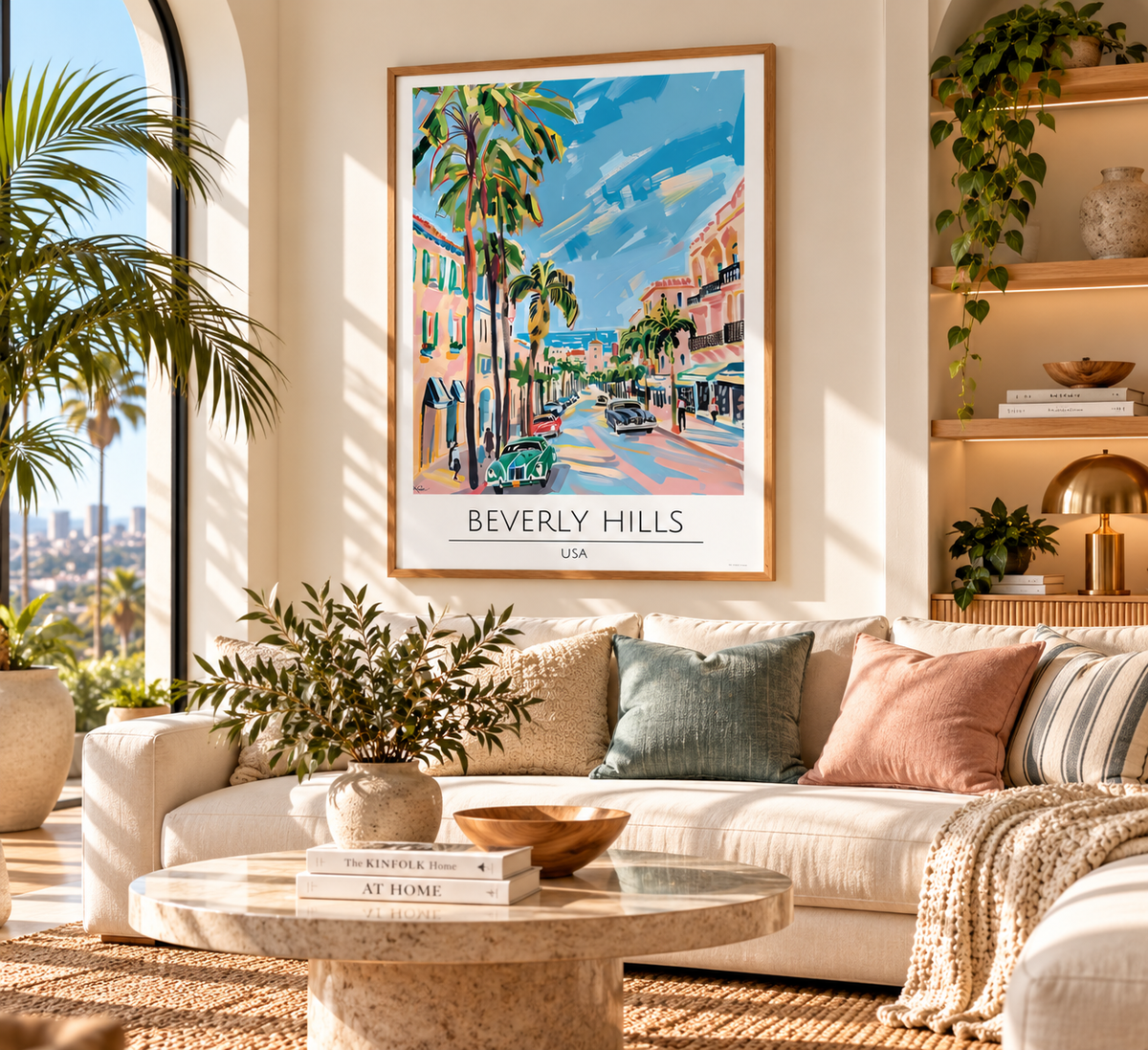 A framed art print of a colorful Beverly Hills street scene hangs on a beige wall above a cream sofa in a styled living room with plants, pillows, and a round stone coffee table.