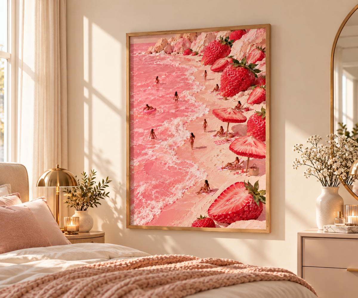 A framed vertical art print depicting a strawberry-themed beach scene with pink waves, swimmers, and large strawberries, styled on a beige wall above a bed in a warm, sunlit bedroom.