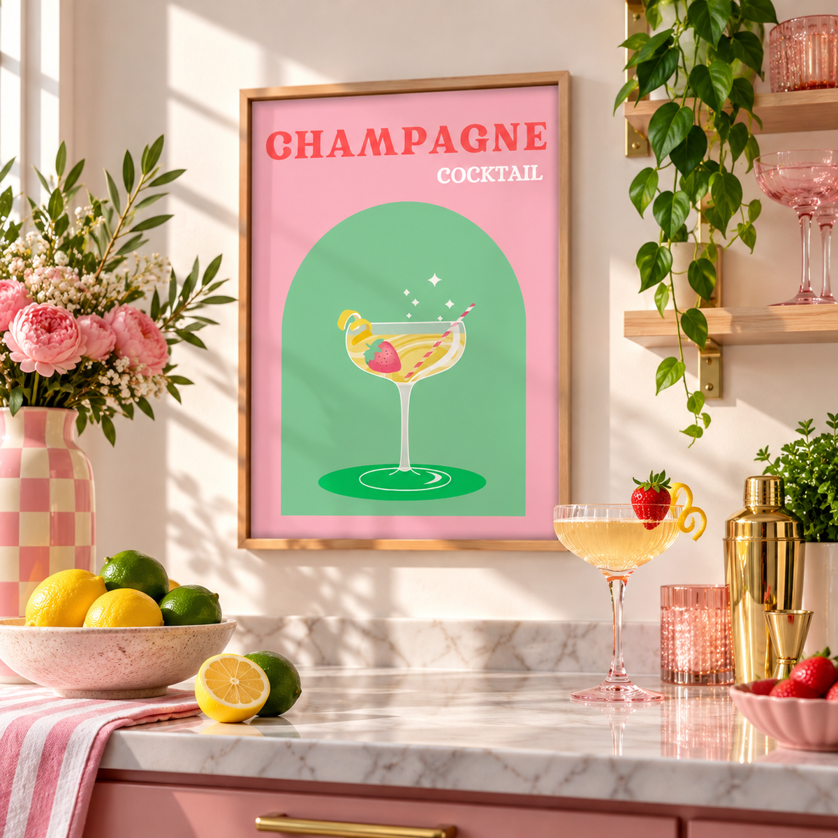 A framed art print featuring a retro-style illustration of a champagne cocktail on a pink and green background, hanging on a marble kitchen counter surrounded by lemons, flowers, and a cocktail glass.