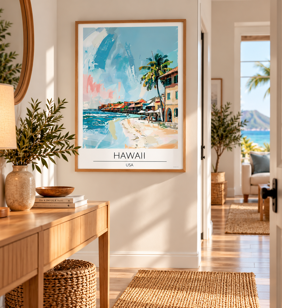 Hawaii USA travel poster print featuring tropical palm trees, turquoise sea and pastel coastal buildings in vintage style