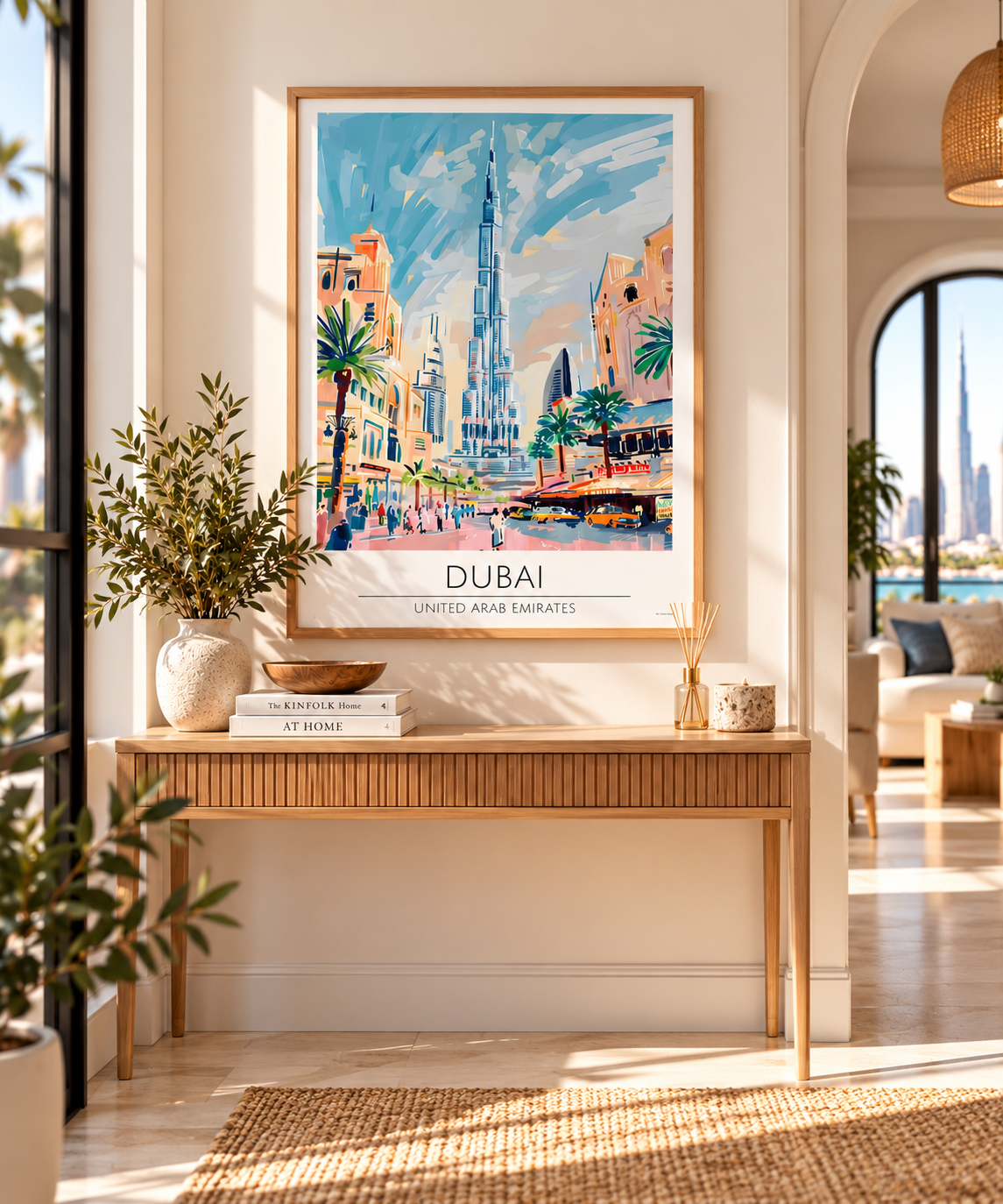 A framed travel poster of Dubai, United Arab Emirates, hanging on a beige wall in a modern, sunlit entryway. The poster features a colorful painting of the Burj Khalifa and surrounding architecture.
