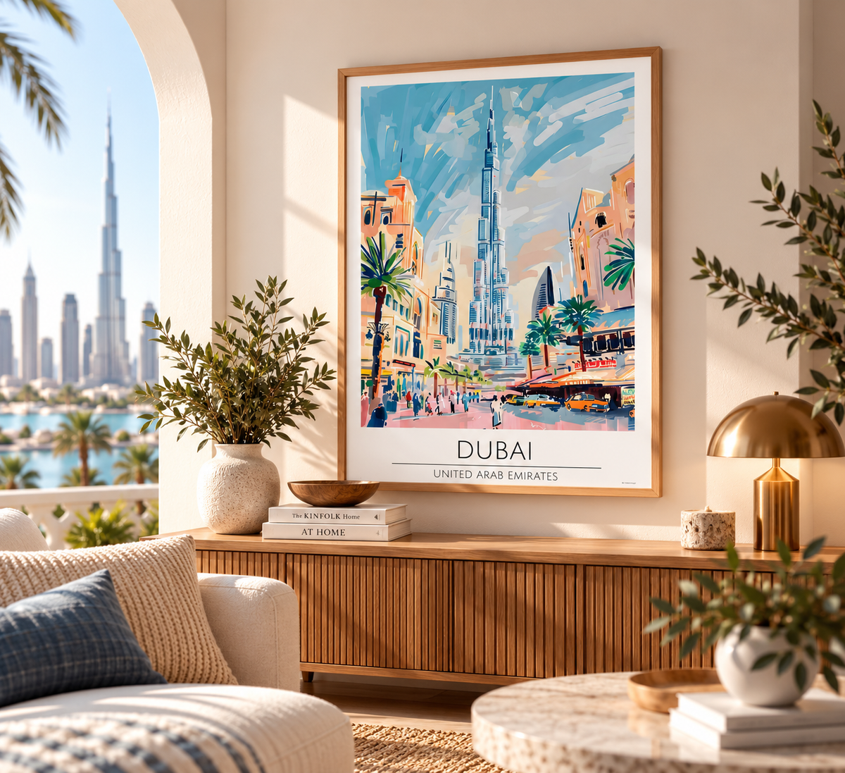 A framed travel poster of Dubai, United Arab Emirates, hanging on a beige wall in a beautifully styled living room. The poster features a colorful illustration of the Burj Khalifa and Dubai streets, with 'DUBAI' and 'UNITED ARAB EMIRATES' printed at the bottom.
