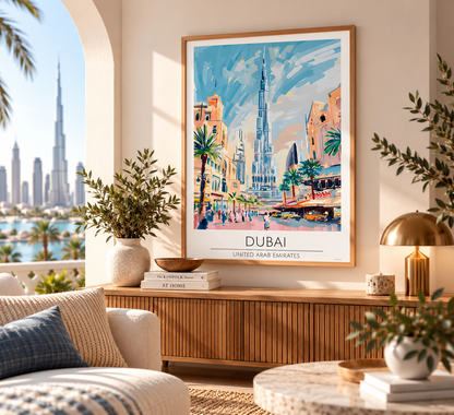 A framed travel poster of Dubai, United Arab Emirates, hanging on a beige wall in a beautifully styled living room. The poster features a colorful illustration of the Burj Khalifa and Dubai streets, with 'DUBAI' and 'UNITED ARAB EMIRATES' printed at the bottom.