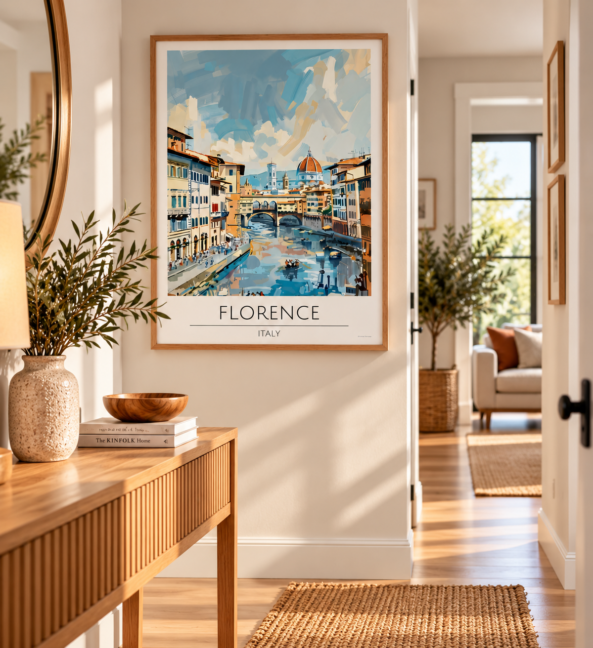 Florence Italy vintage travel poster featuring Ponte Vecchio bridge, River Arno and colourful Tuscan cityscape illustration