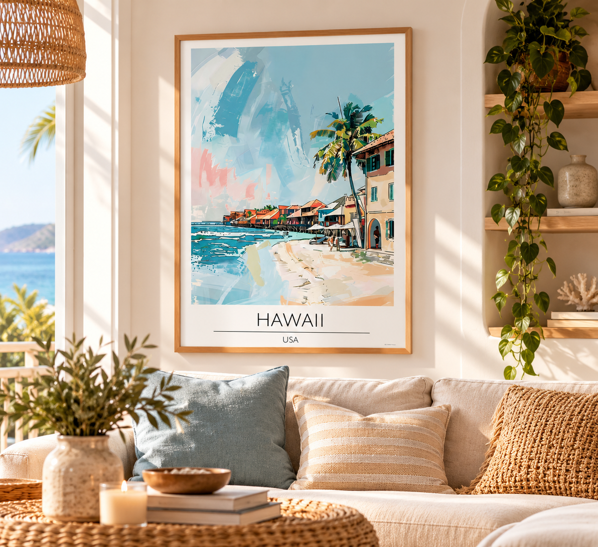 Hawaii USA travel poster print featuring tropical palm trees, turquoise sea and pastel coastal buildings in vintage style