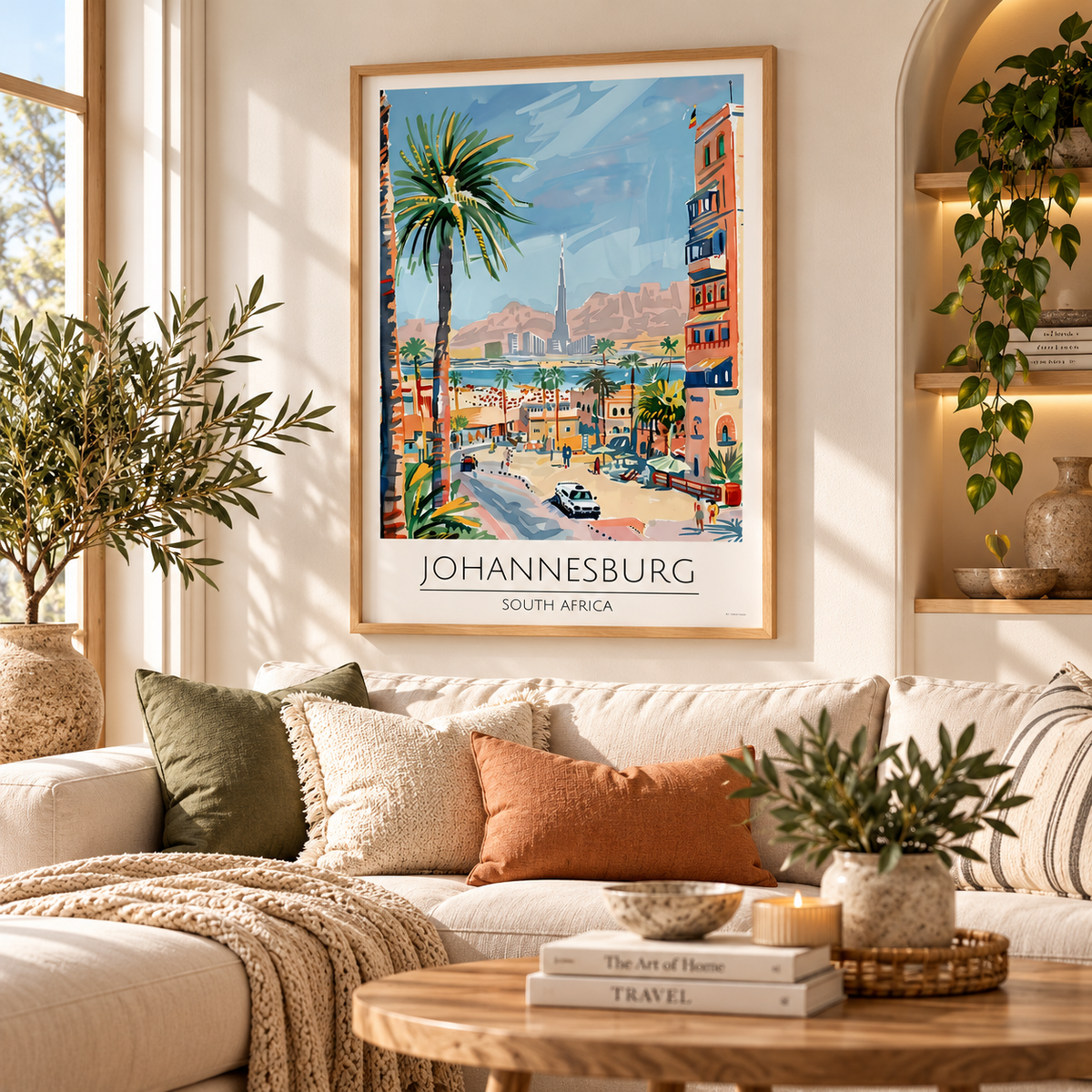 Colourful Johannesburg South Africa wall art displayed in a modern neutral living room with travel-inspired decor and natural oak furniture.