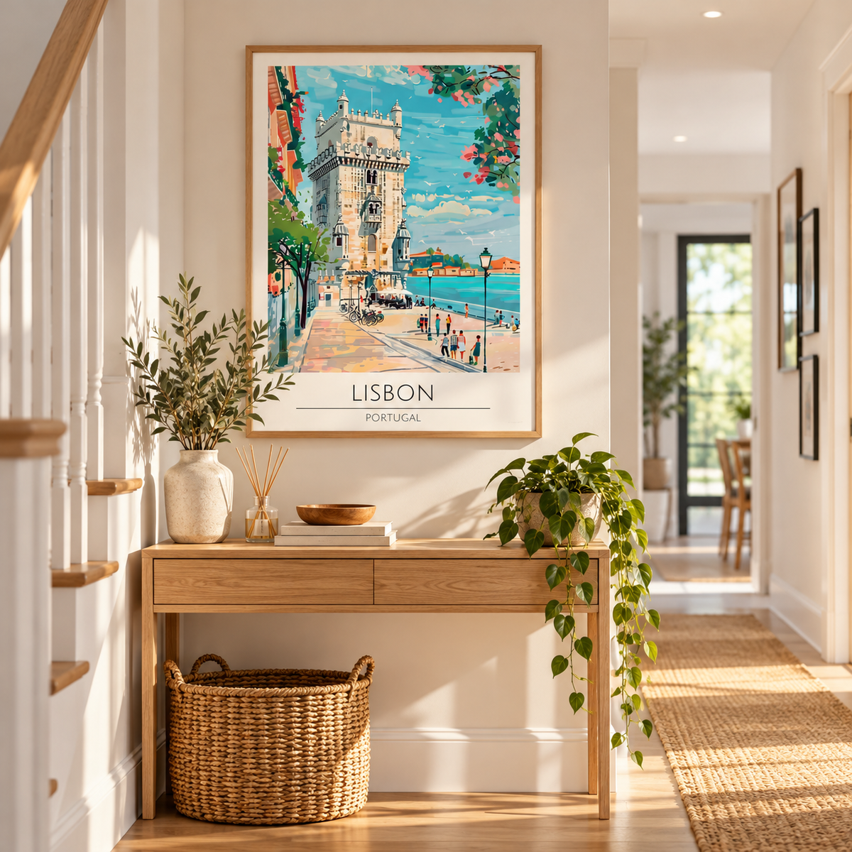 Colourful Lisbon Portugal travel wall art featuring Belém Tower displayed in a bright neutral living room