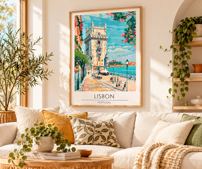 A framed Lisbon travel poster hangs on a beige wall above a white sofa in a bright, modern living room. The poster features a colorful illustration of the Beira Tower and waterfront walkway, with the text 'LISBON PORTUGAL' at the bottom.