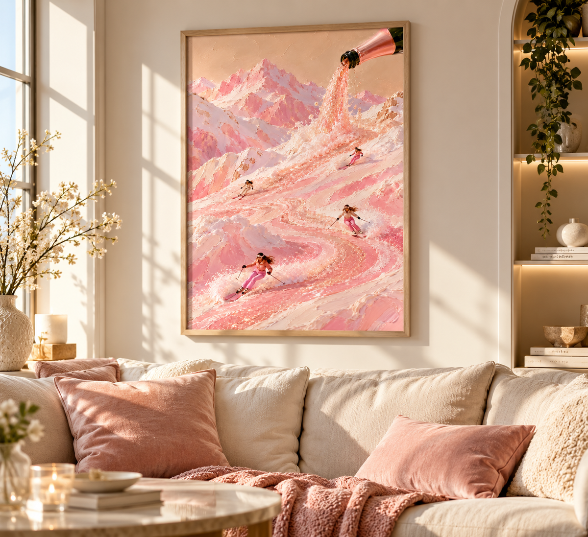 A framed art print featuring a whimsical pink mountain landscape with skiers hangs on a beige wall above a matching blush pink sofa in a sunlit living room.