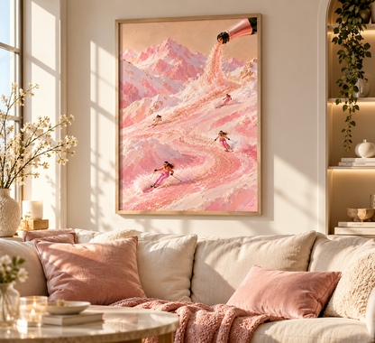 A framed art print featuring a whimsical pink mountain landscape with skiers hangs on a beige wall above a matching blush pink sofa in a sunlit living room.