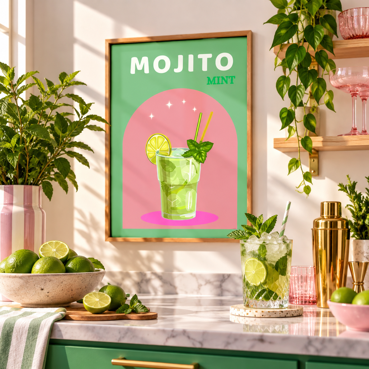 A framed art print featuring a retro-style Mojito Mint cocktail illustration, displayed on a kitchen wall above a marble counter with limes, a shaker, and green plants.