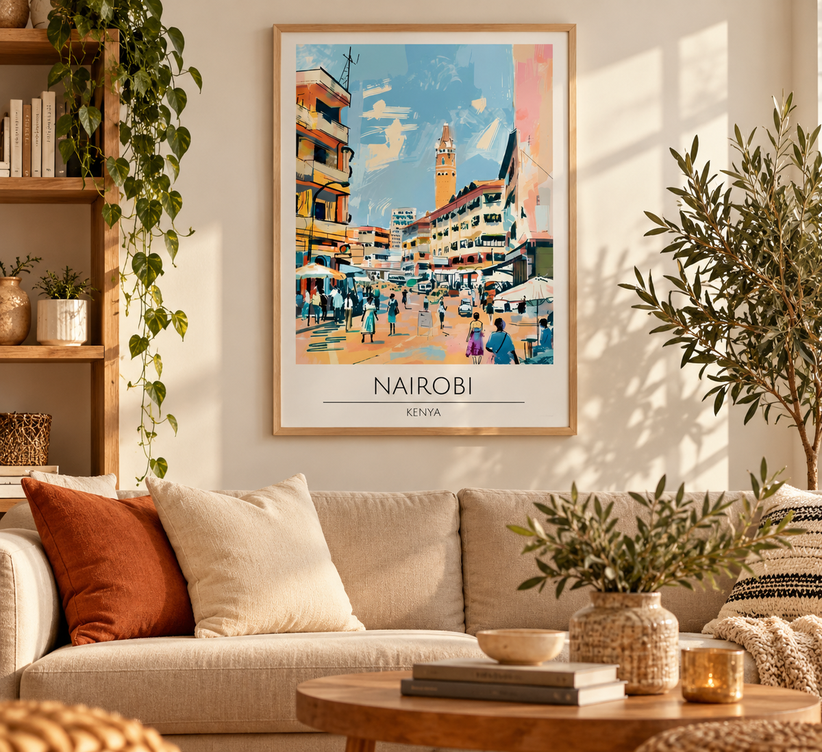 Nairobi Kenya vintage travel poster print featuring colourful African city street illustration and retro architecture