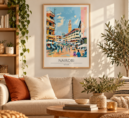 Nairobi Kenya vintage travel poster print featuring colourful African city street illustration and retro architecture