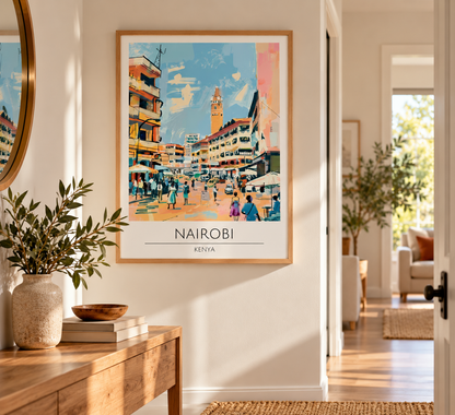 Nairobi Kenya vintage travel poster print featuring colourful African city street illustration and retro architecture