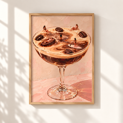 A framed art print depicting a cocktail glass filled with coffee and espresso beans, hanging on a white wall with soft shadow patterns.