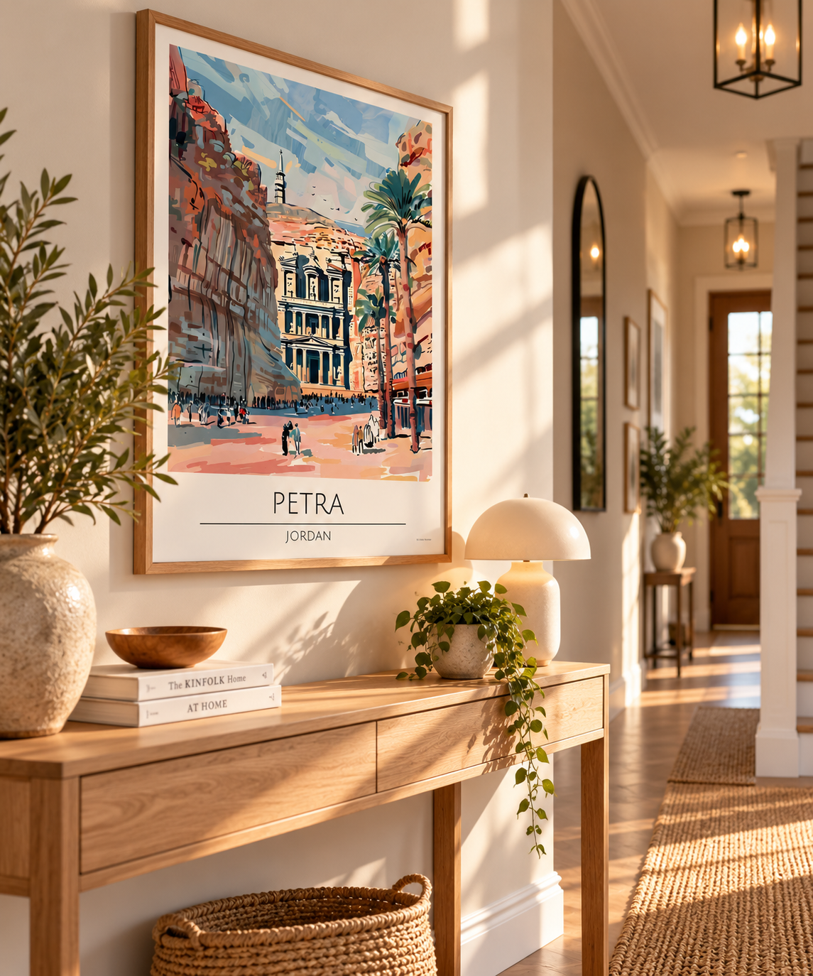 Petra Jordan travel poster featuring colourful sandstone cliffs and ancient Treasury-inspired architecture in a light oak frame.