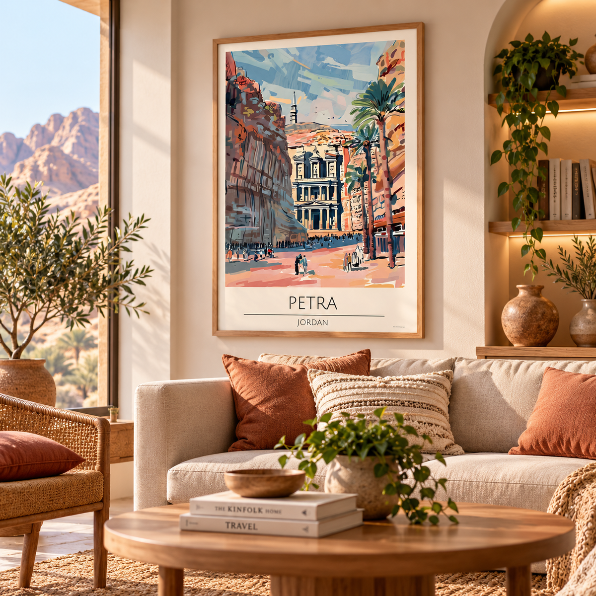 Petra Jordan travel poster featuring colourful sandstone cliffs and ancient Treasury-inspired architecture in a light oak frame.