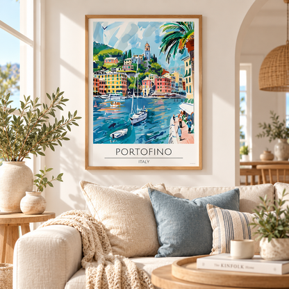 A framed art print of Portofino, Italy, hanging on a beige wall in a bright, modern living room with a sofa, pillows, and plants.