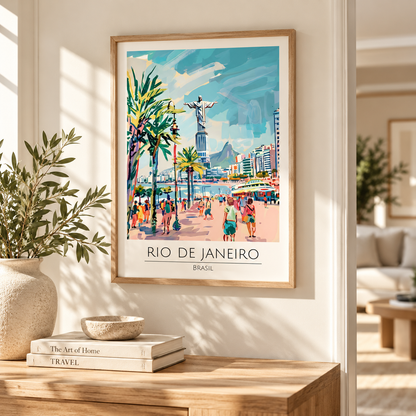 A framed travel poster of Rio de Janeiro, Brazil, hanging on a warm beige wall in a beautifully styled living room. The poster features a colorful illustration of the city with palm trees, a beach crowd, and the Christ the Redeemer statue, enclosed in a light wood frame.
