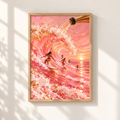 A framed art print depicting a whimsical pink and orange ocean scene with surfers riding a large wave, hanging on a white wall with soft window shadows.
