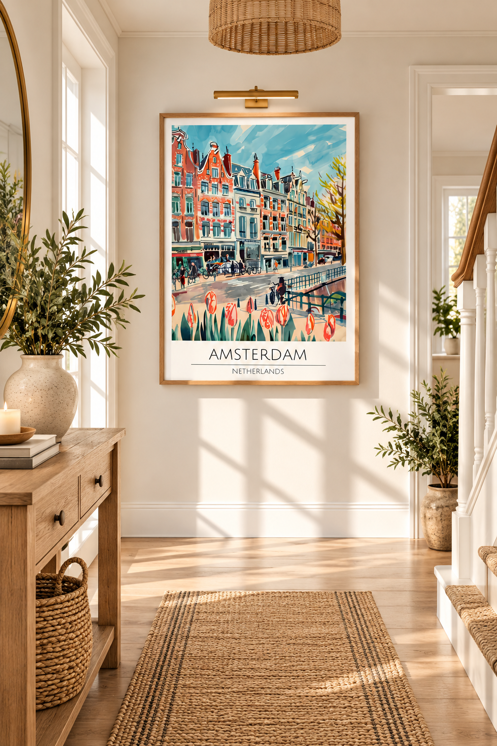 A framed Amsterdam travel poster hangs on a white hallway wall above a woven rug, with a console table, plants, and staircase visible in the styled interior.