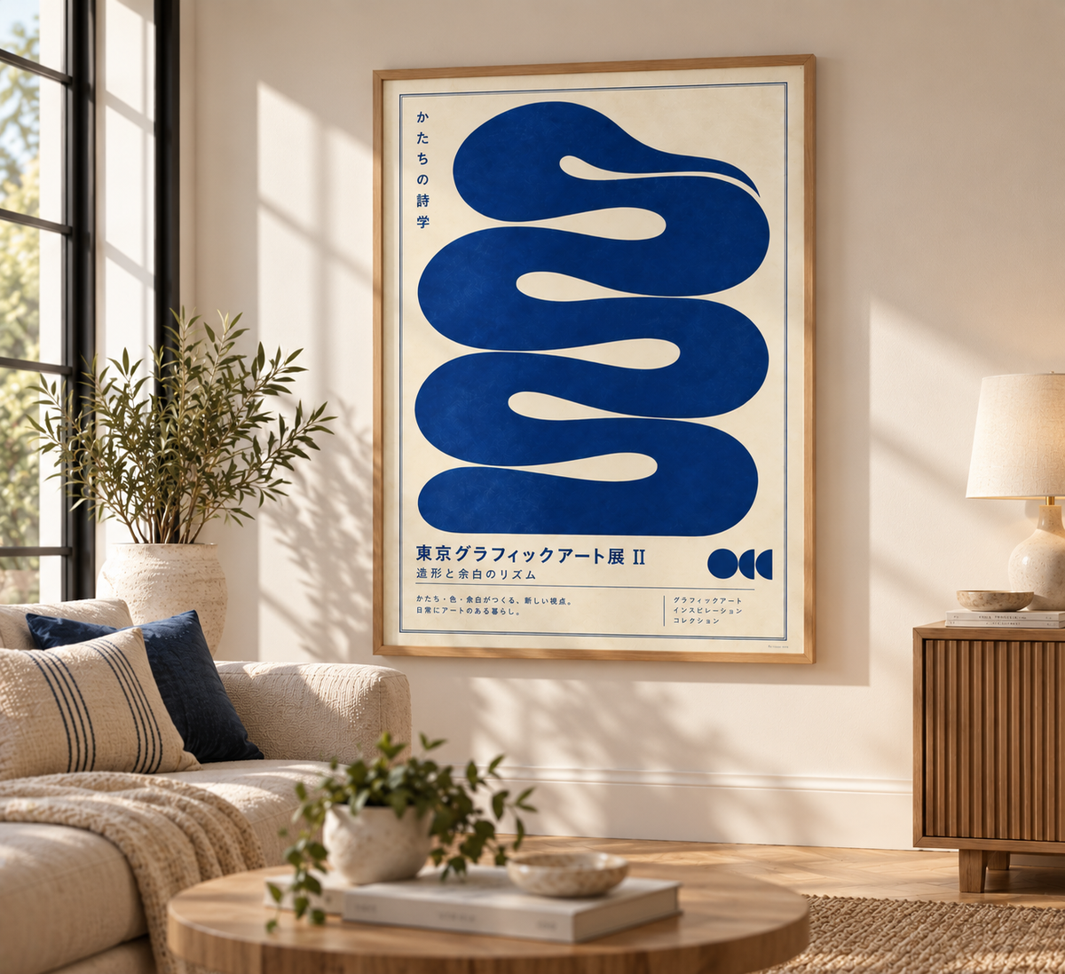 Japanese abstract blue Japandi wall art print displayed in a neutral modern living room with natural wood decor