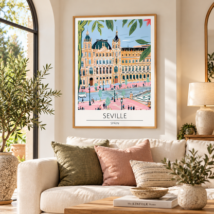A framed art print of Seville, Spain, featuring a colorful illustration of the historic Plaza de España building, hanging on a beige wall above a modern sofa with green and pink pillows in a bright, styled living room.