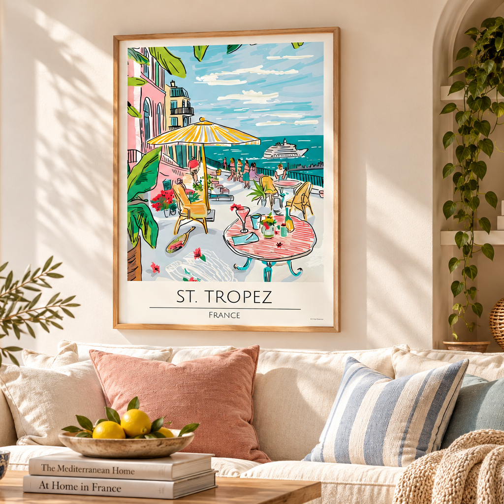 Colourful St Tropez French Riviera wall art styled in a bright Mediterranean inspired living room