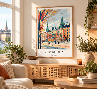 A framed art print of Stockholm, Sweden, featuring a colorful impressionistic cityscape with historic buildings and autumn trees, styled in a warm, modern living room setting.
