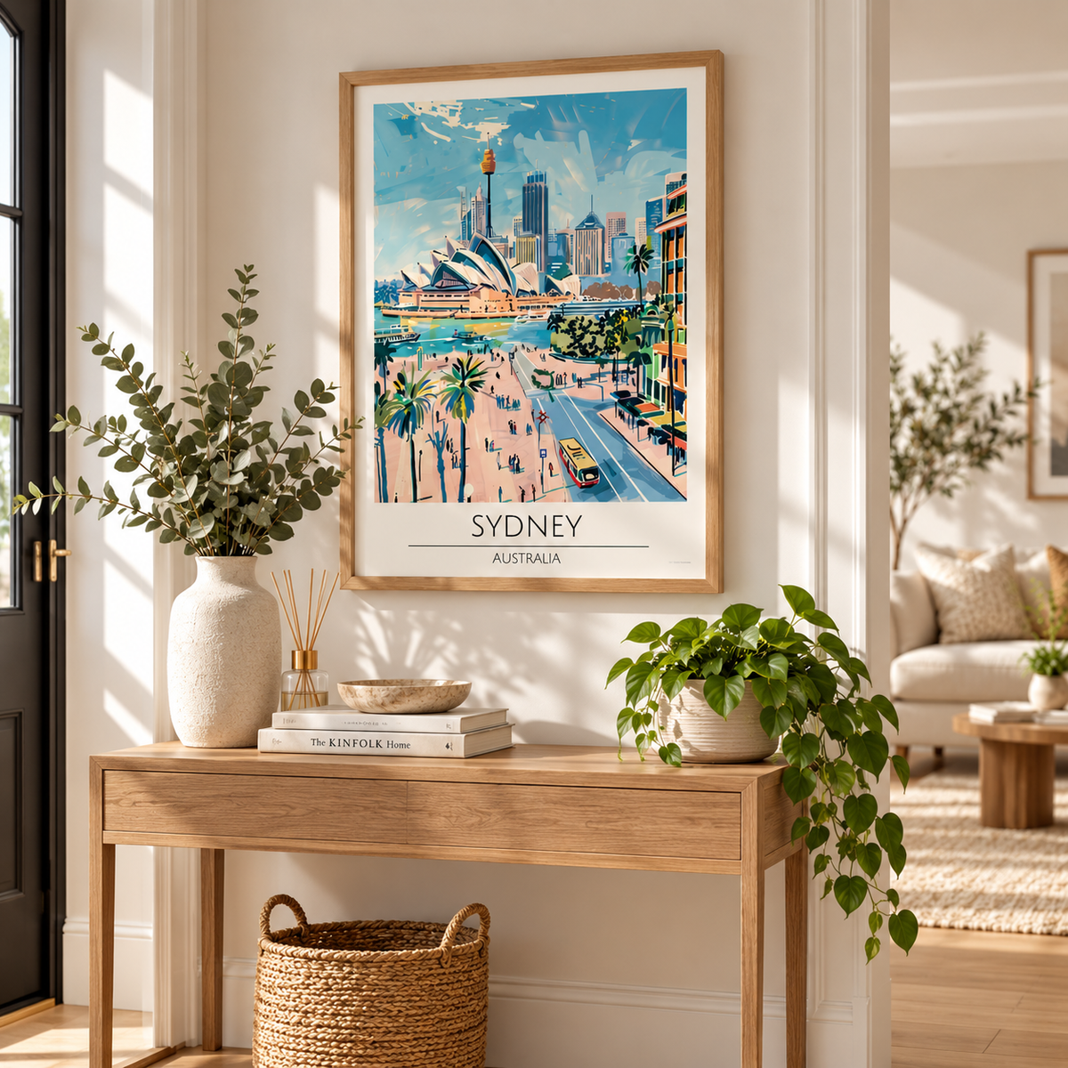 Sydney Australia vintage travel poster featuring the Sydney Opera House, harbour skyline and palm trees in pastel blue and peach, displayed in a natural oak frame.