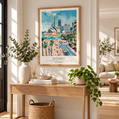 Sydney Australia vintage travel poster featuring the Sydney Opera House, harbour skyline and palm trees in pastel blue and peach, displayed in a natural oak frame.