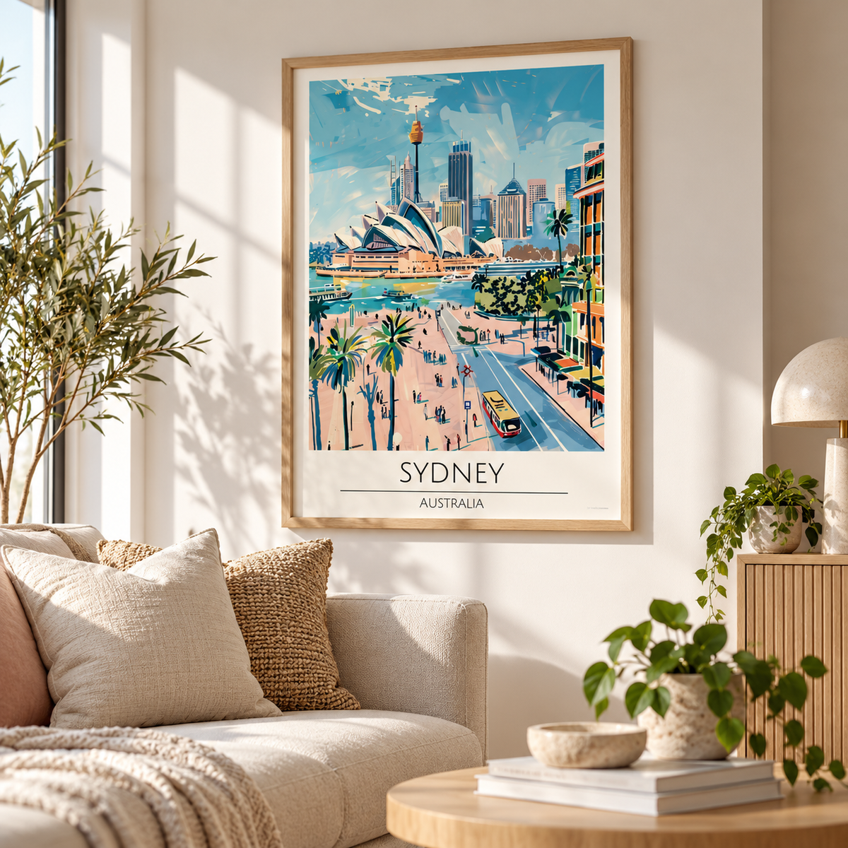 Sydney Australia vintage travel poster featuring the Sydney Opera House, harbour skyline and palm trees in pastel blue and peach, displayed in a natural oak frame.