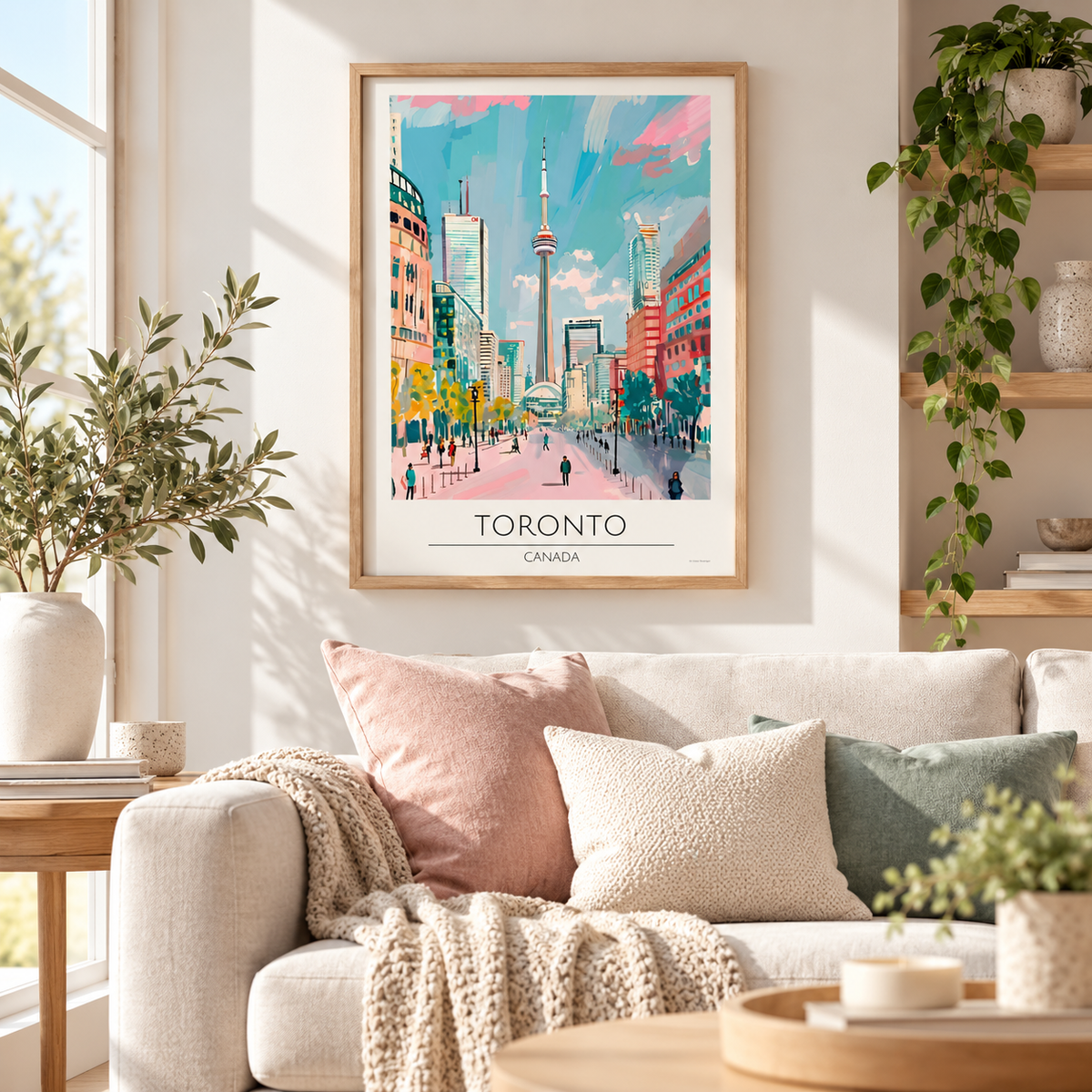A framed art print of a colorful Toronto street scene hangs on a light beige wall above a sofa with pink, cream, and green pillows in a bright, modern living room.