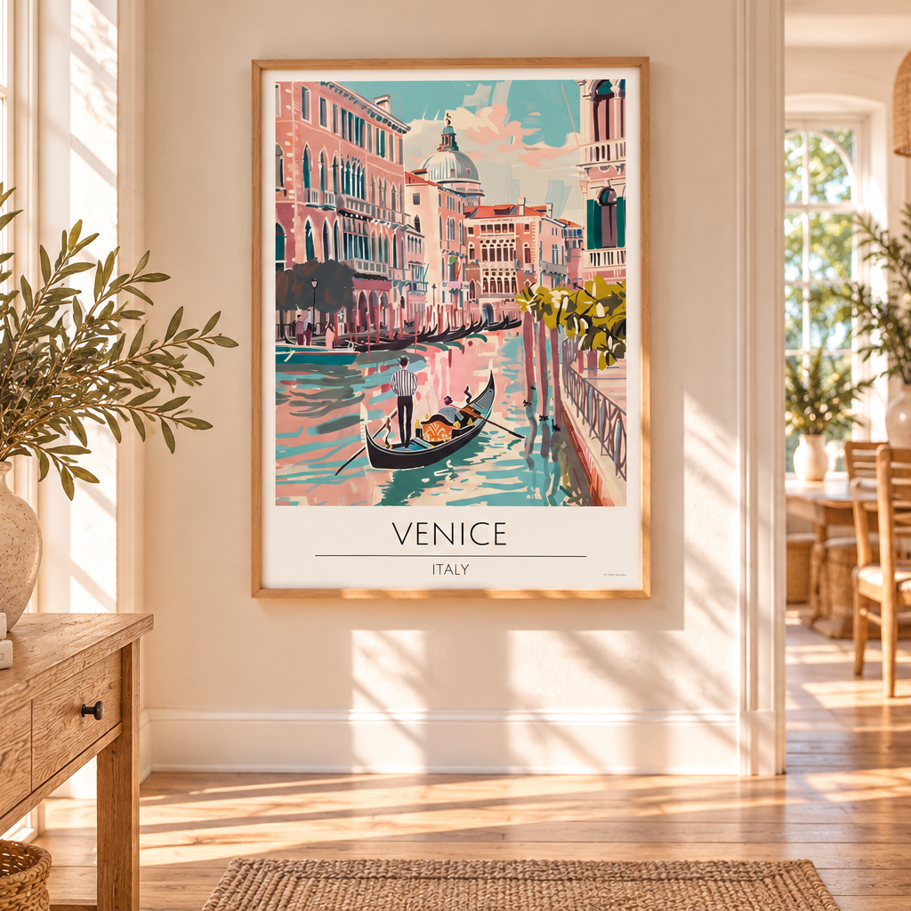 Venice Italy travel print featuring romantic canals and historic architecture styled in a modern hallway