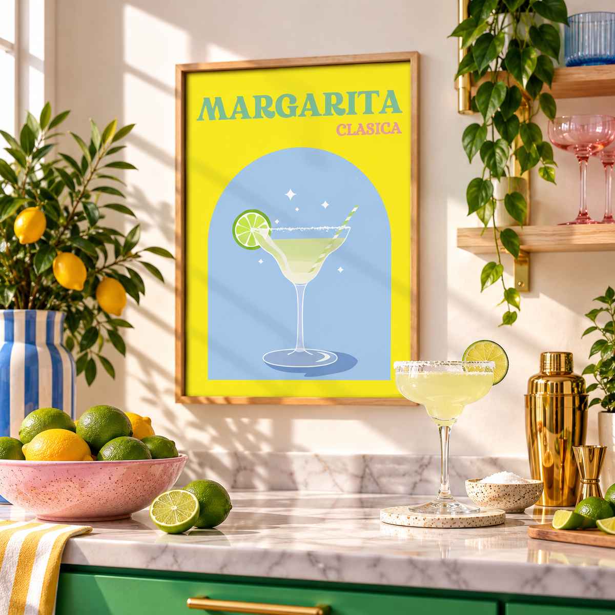 A framed 'Margarita Clásica' art print hangs on a kitchen wall above a marble counter with a margarita glass, lime slices, a shaker, and greenery.