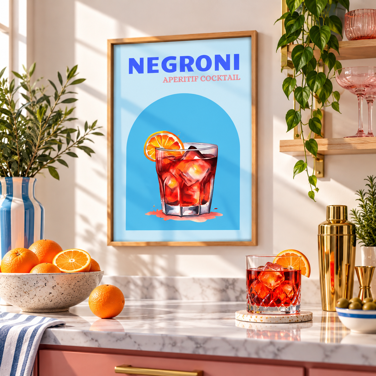 A framed art print featuring a retro-style illustration of a Negroni aperitif cocktail, displayed on a marble kitchen counter in a bright, modern kitchen setting.