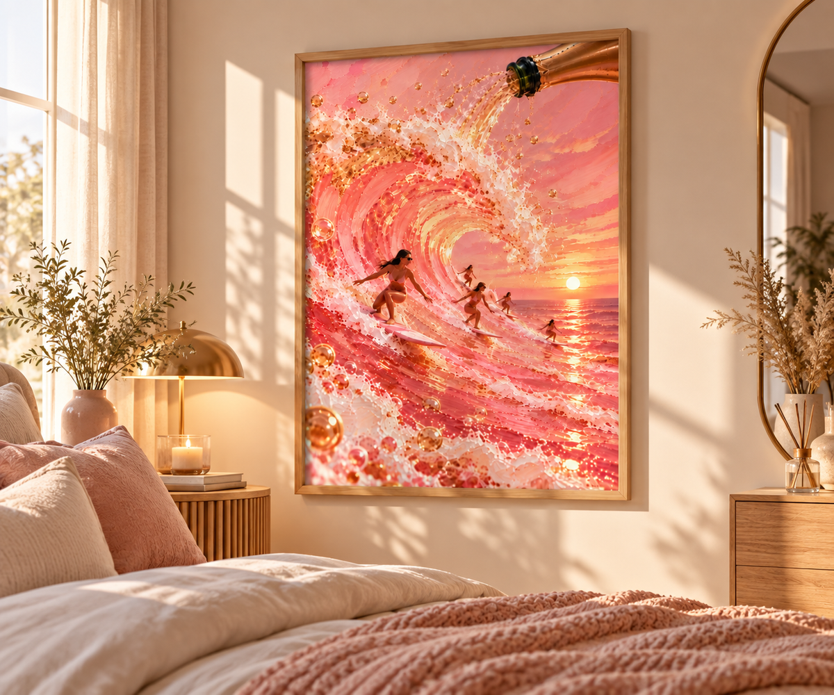 Champagne Surf pink coastal wall art displayed in a light oak frame in a bright neutral interior