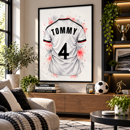 Personalised Fulham inspired football shirt print showing white jersey with TOMMY name and number 4, black red detailing and watercolour splashes in black frame