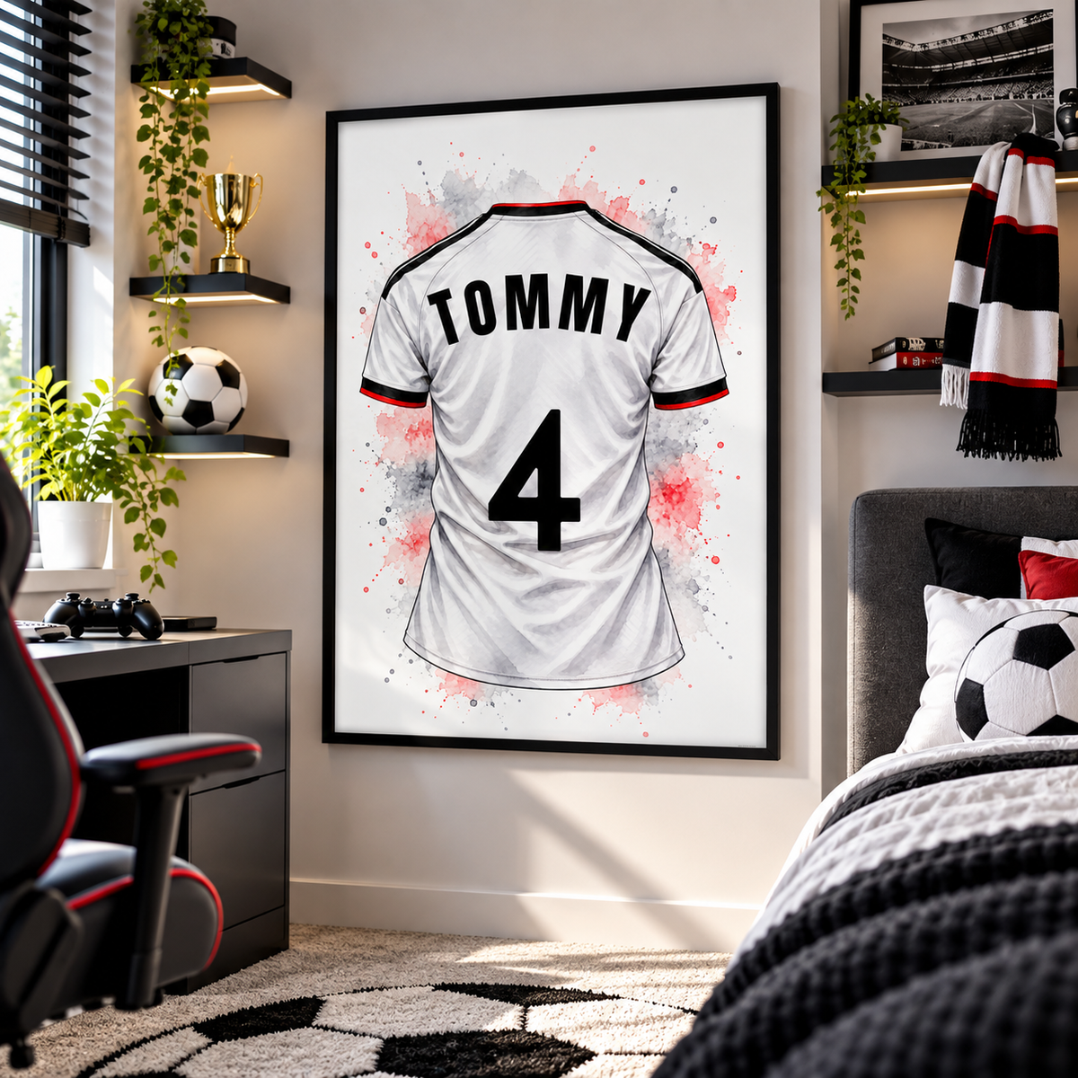 Personalised Fulham inspired football shirt print showing white jersey with TOMMY name and number 4, black red detailing and watercolour splashes in black frame