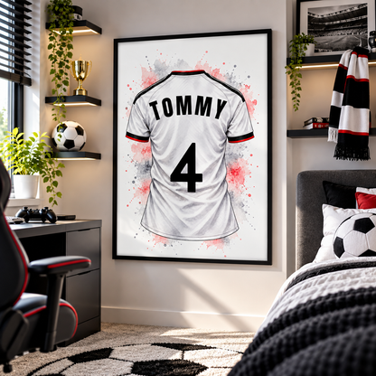Personalised Fulham inspired football shirt print showing white jersey with TOMMY name and number 4, black red detailing and watercolour splashes in black frame