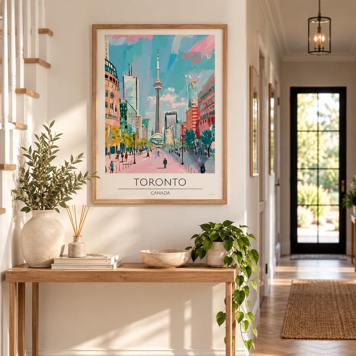 A framed colorful art print of a Toronto cityscape hangs on a white wall in a bright, modern hallway. The print features a vibrant, painterly depiction of the Toronto skyline with the CN Tower, surrounded by plants, a wooden console table, and a glass door in the background.