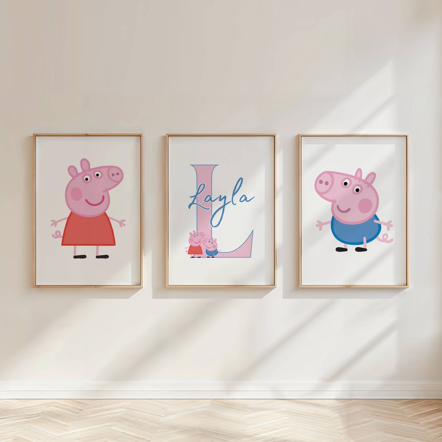 Personalised Pink Peppa Pig Character Wall Art Set of 3 | Girls Bedroom Prints