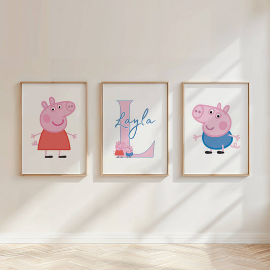 Personalised Pink Peppa Pig Character Wall Art Set of 3 | Girls Bedroom Prints