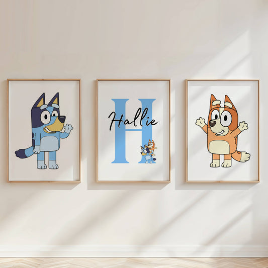 Bluey & Bingo Personalised Name Print Set of 3 | Kids Bedroom Wall Art