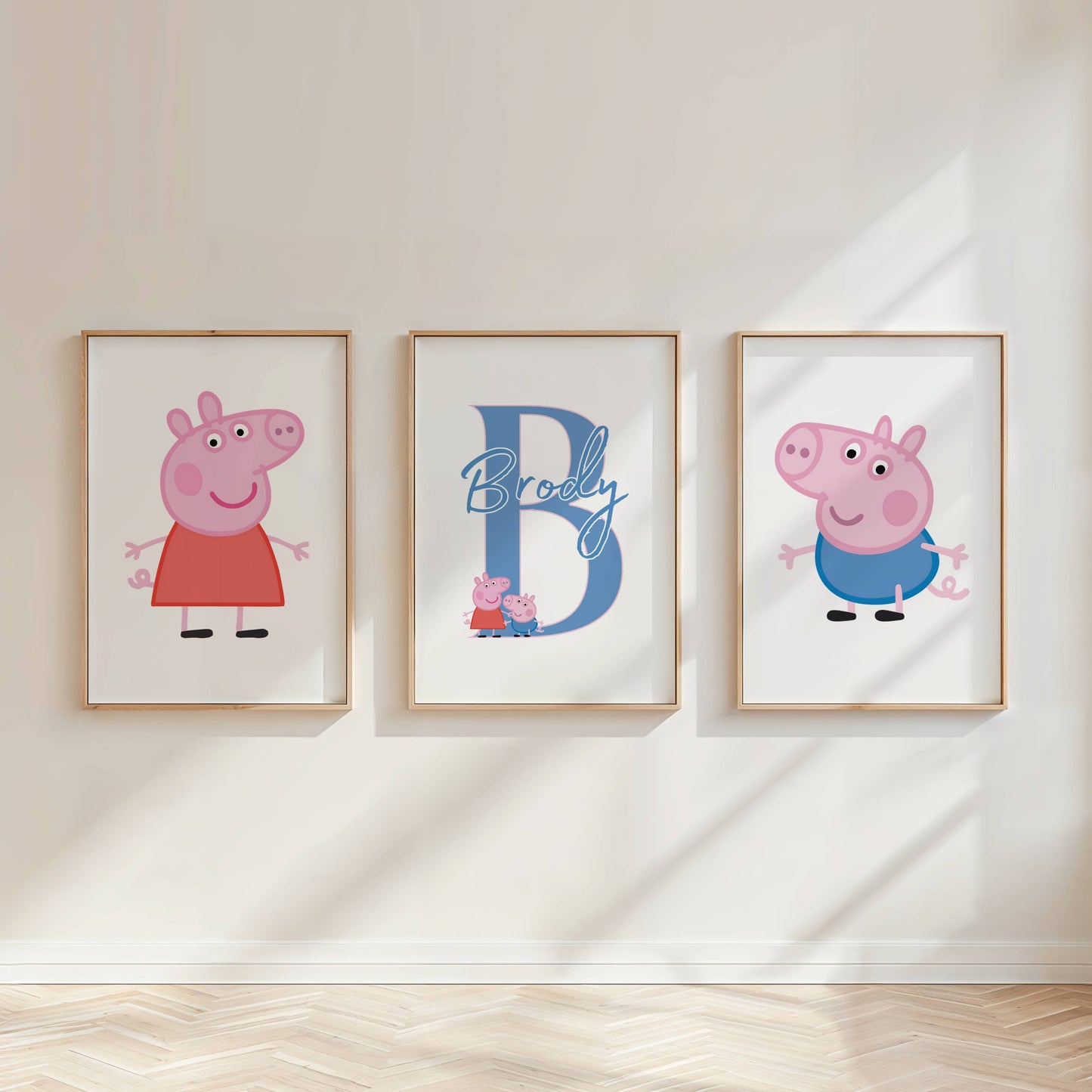 Personalised Blue Peppa Pig Character Wall Art Set of 3 | Boys Bedroom Prints