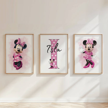 Personalised Minnie Mouse Girls Bedroom Wall Art Print Set of 3