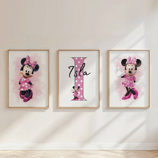 Personalised Minnie Mouse Girls Bedroom Wall Art Print Set of 3