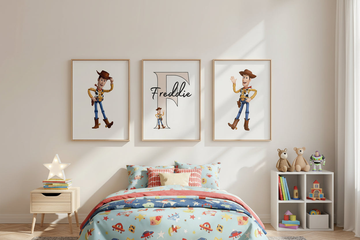 Personalised Woody Toy Story Nursery Print Set | Western Kids Bedroom Wall Art