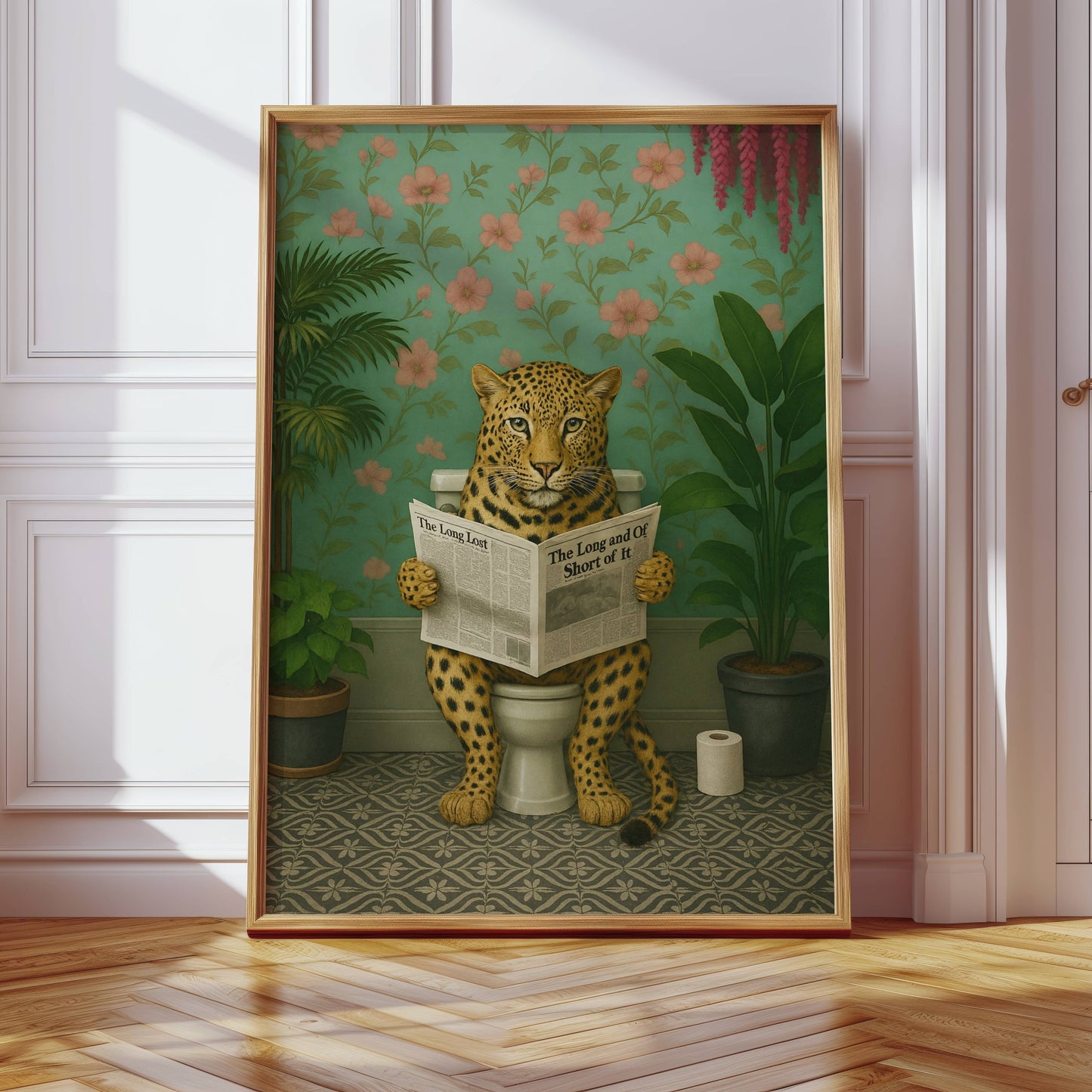 Leopard Reading a Newspaper on the Toilet